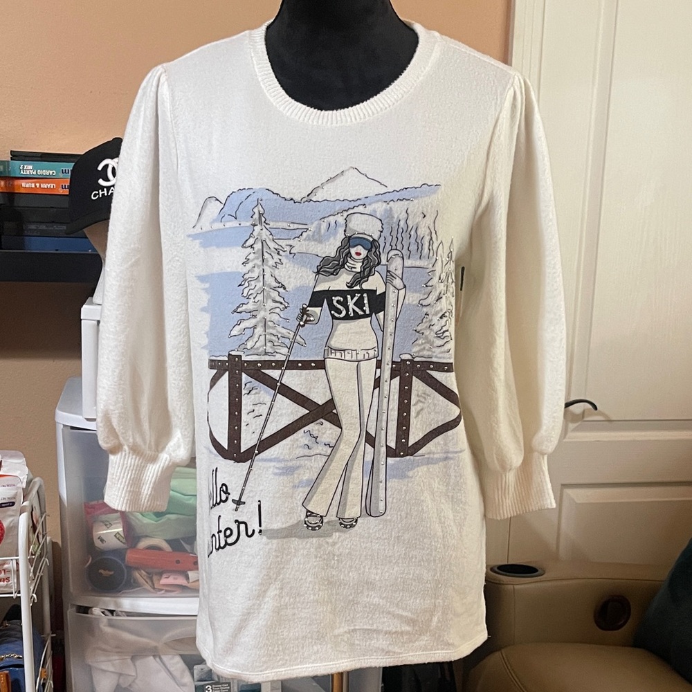 White Ski Graphic Sweater